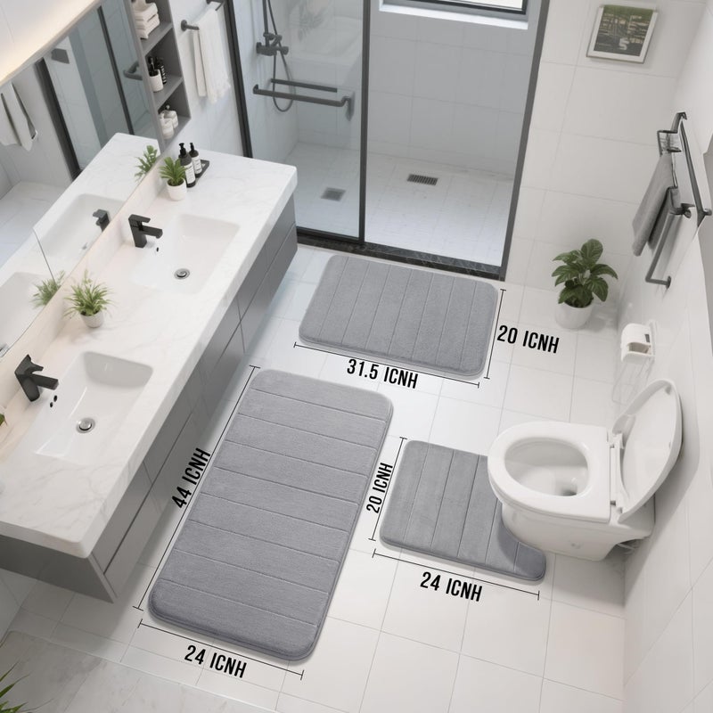 Yimobra 3 Pieces Memory Foam Bath Mat Set with U-Shaped Toilet Rug - Non Slip Super Soft Absorbent Quick Dry Bathroom Rugs for Bathtub, Vanity & Toilet Base, Gray - Image 2